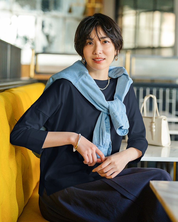 高密度シルコットン・7分袖Tシャツ／52cm丈 詳細画像 ミッドナイトブルー 1