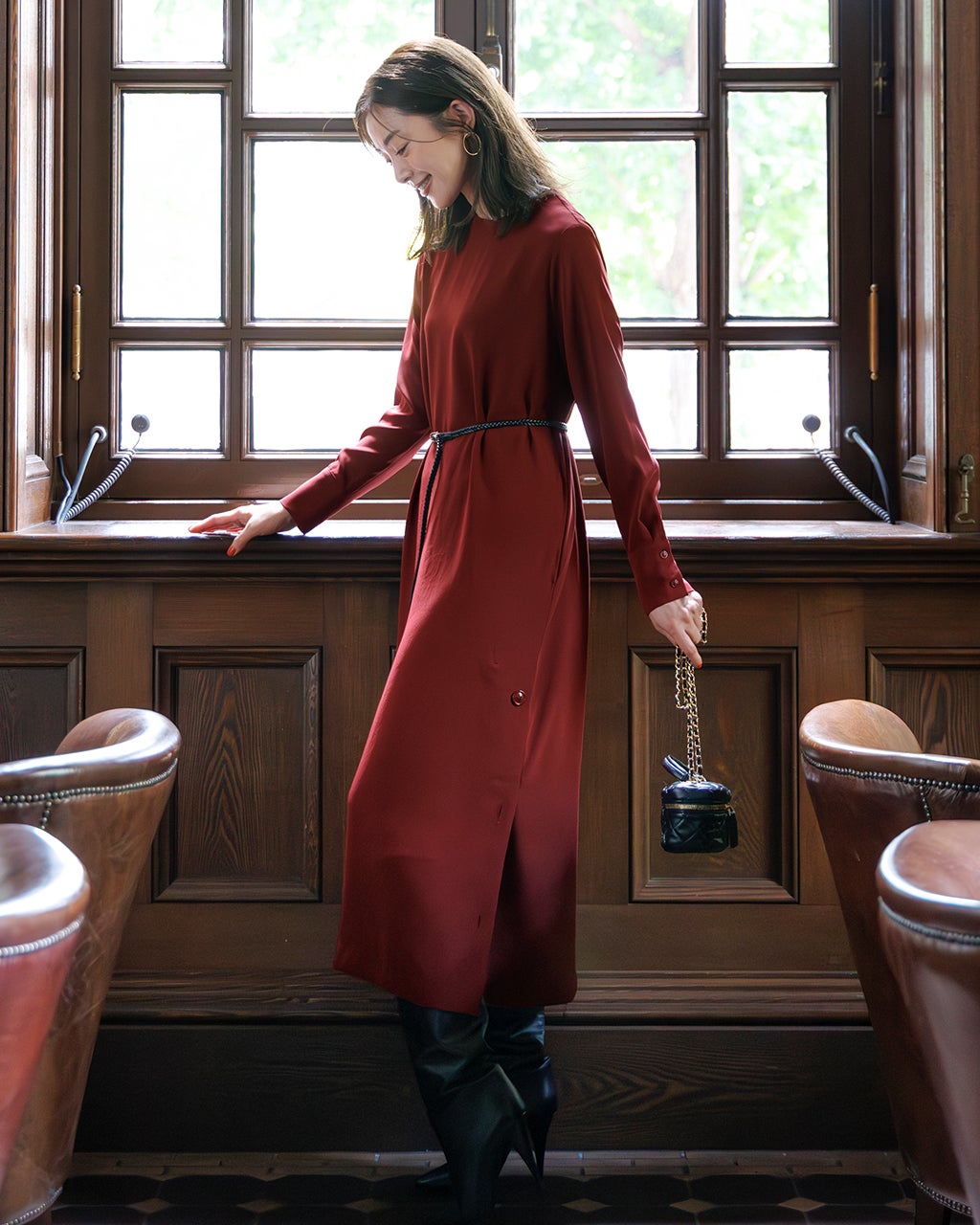 ジョーゼット・裾ボタンサックワンピベルト付/DoCLASSE