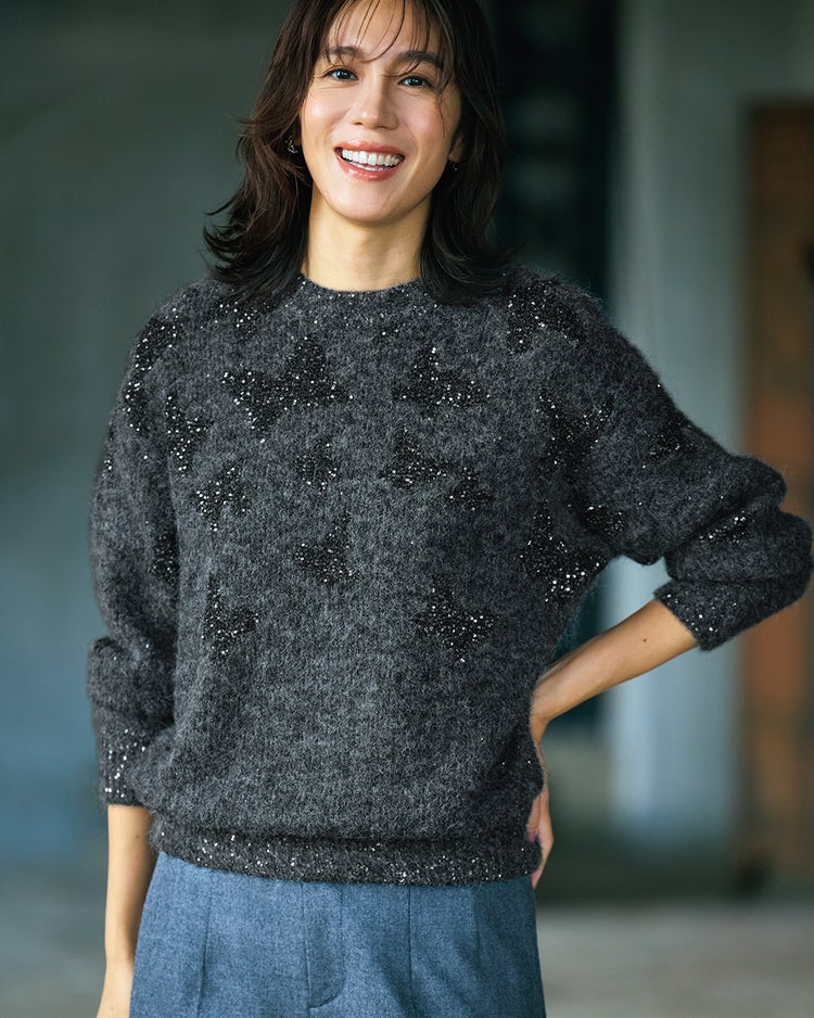 スパンコールジャカード・ニットプルオーバー 詳細画像 グレー 1