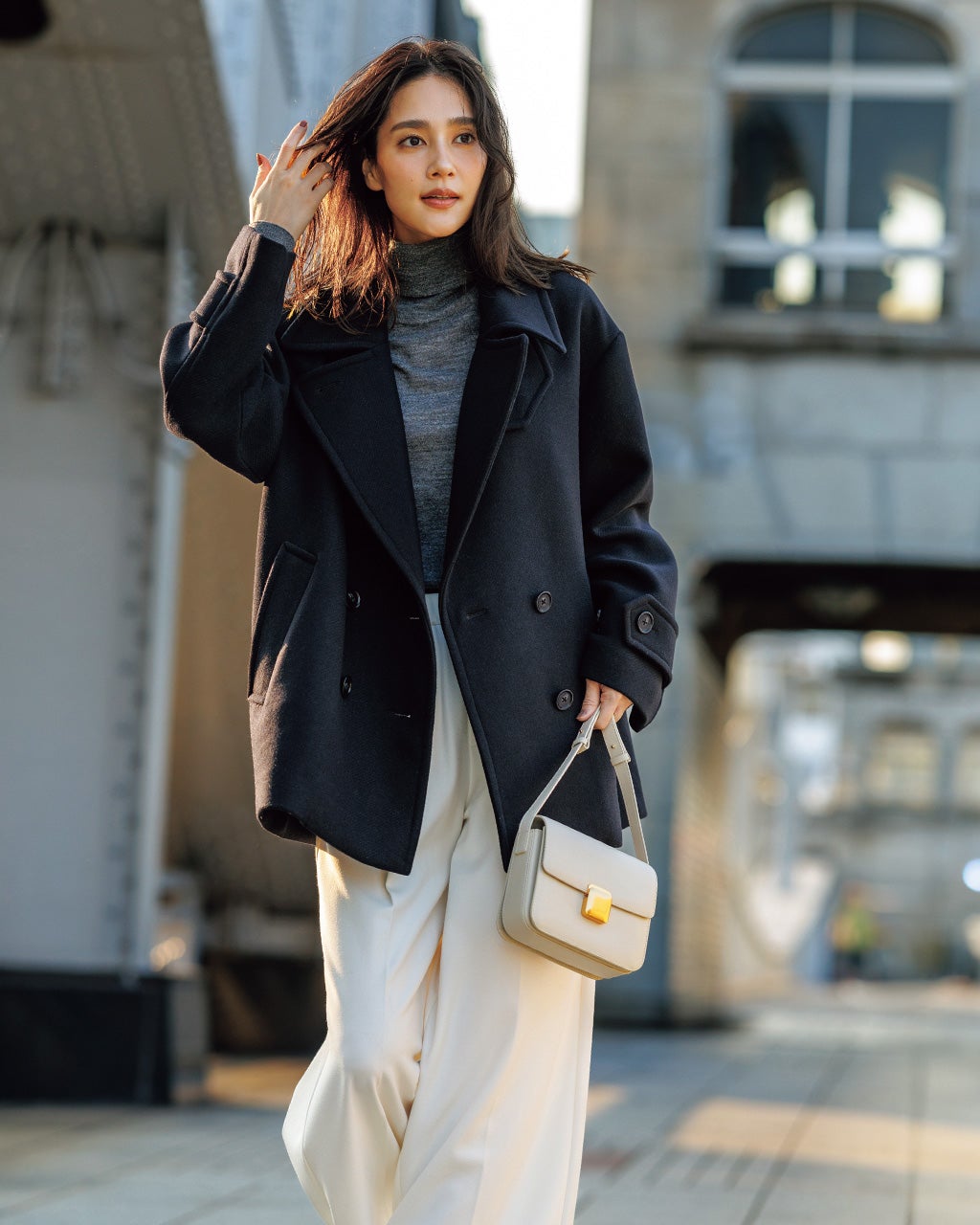 カラメル2 ウール混カルゼ・オーバーサイズピーコート/40代50代からの