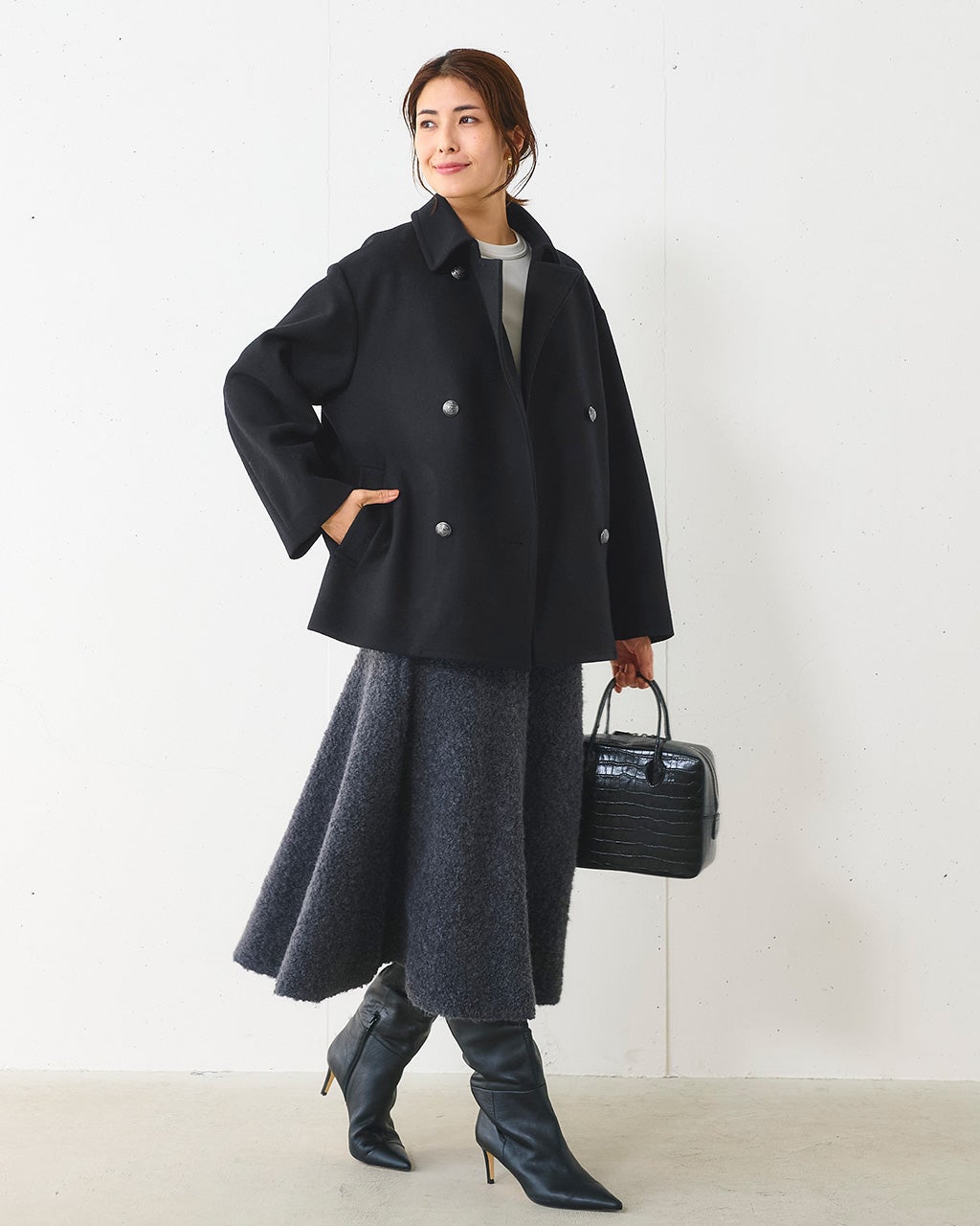 DIESEL ブラックカラーウール混ピーコート ウール混ボンディング・ピーコート/40代50代からのレディース