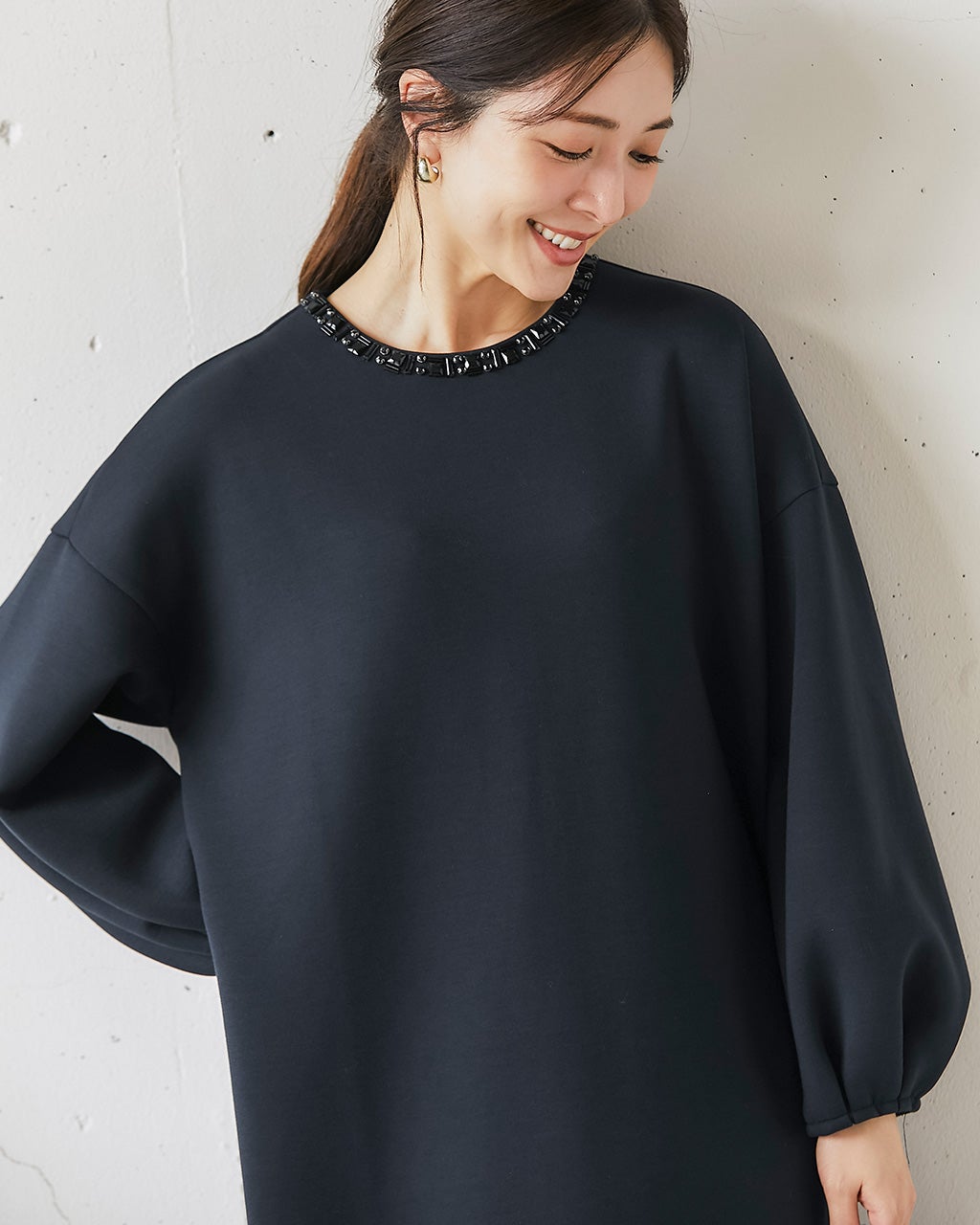 ワンピース guu ライトダンボールニット・ビジューワンピース/40代50代からの