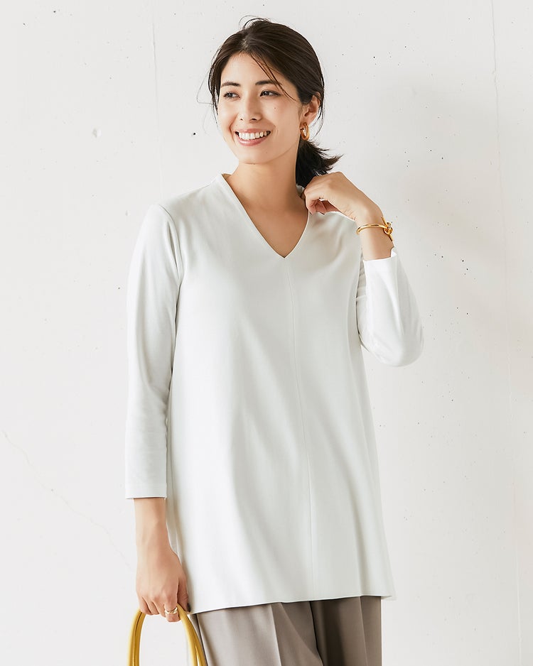立体Vネック長め丈/8分袖・ドゥクラッセＴシャツ 詳細画像 オフホワイト 1