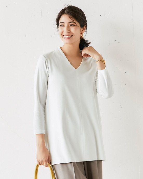 立体Vネック長め丈/8分袖・ドゥクラッセＴシャツ