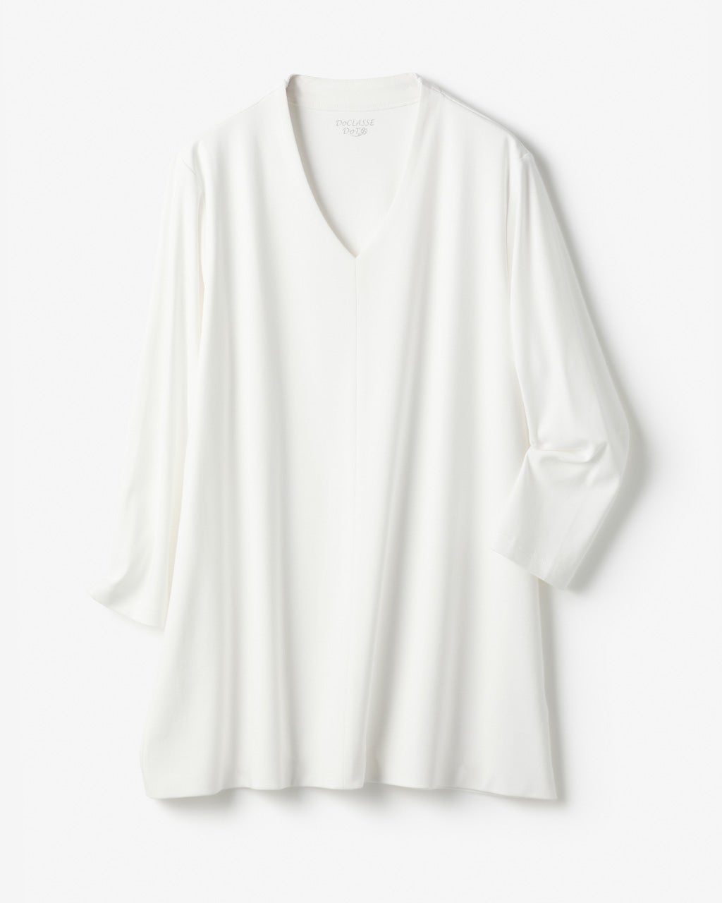 Deuxieme Classeホワイト Vネック 長袖トップス 立体Vネック長め丈/8分袖・ドゥクラッセTシャツ/DoCLASSE