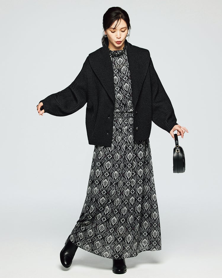 片畦編み・ショールカラーカーディガン 詳細画像 ブラック 1