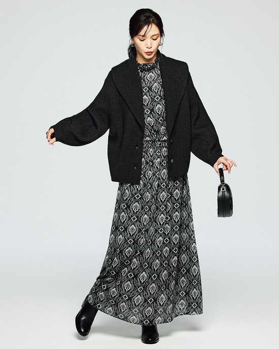 片畦編み・ショールカラーカーディガン