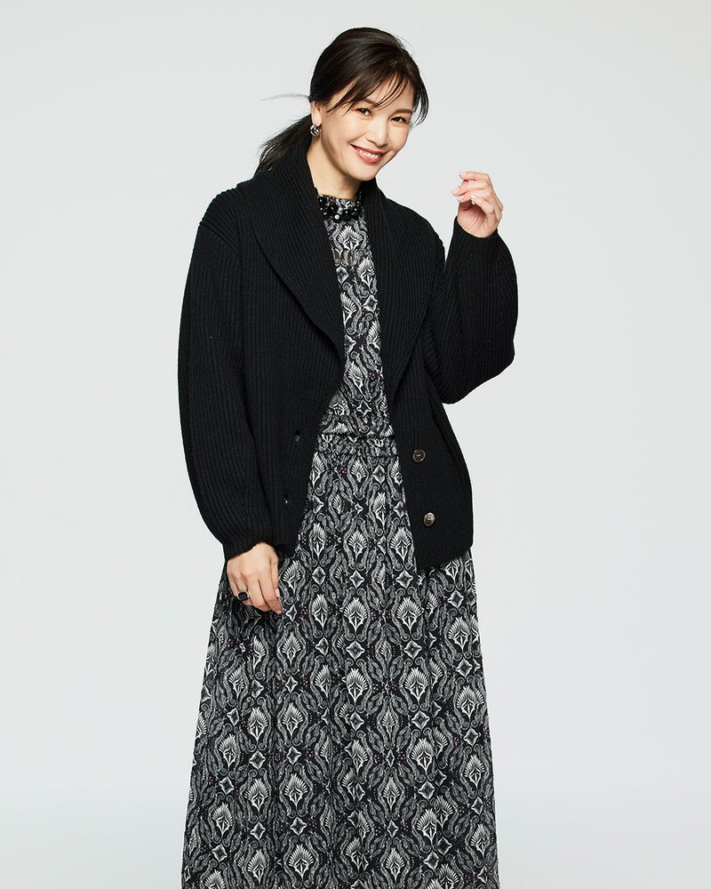 片畦編み・ショールカラーカーディガン 詳細画像 ブラック 2