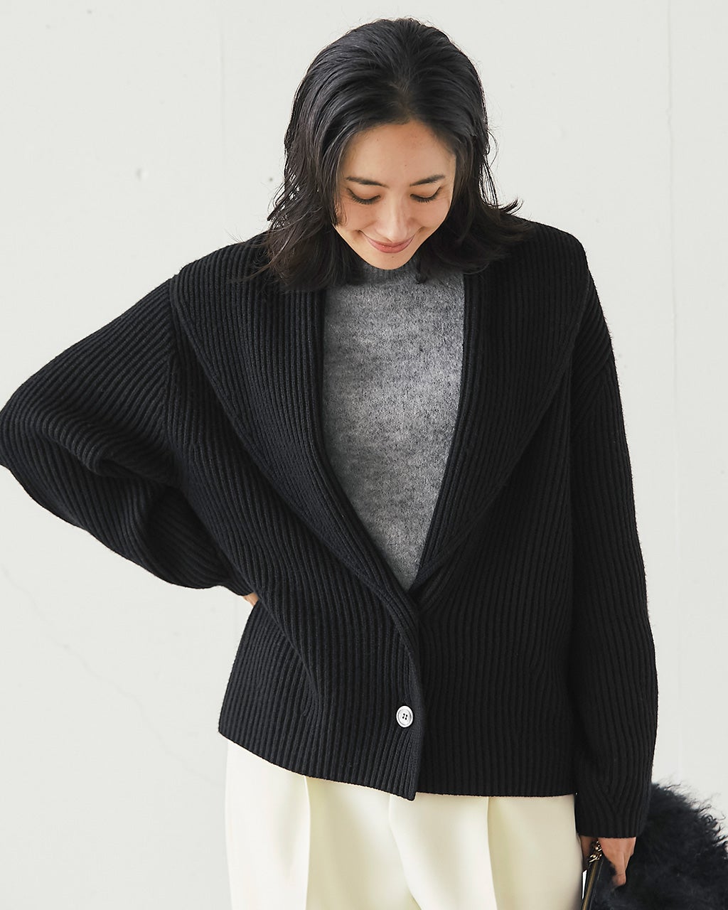 片畦編み・ショールカラーカーディガン/40代50代からのレディース