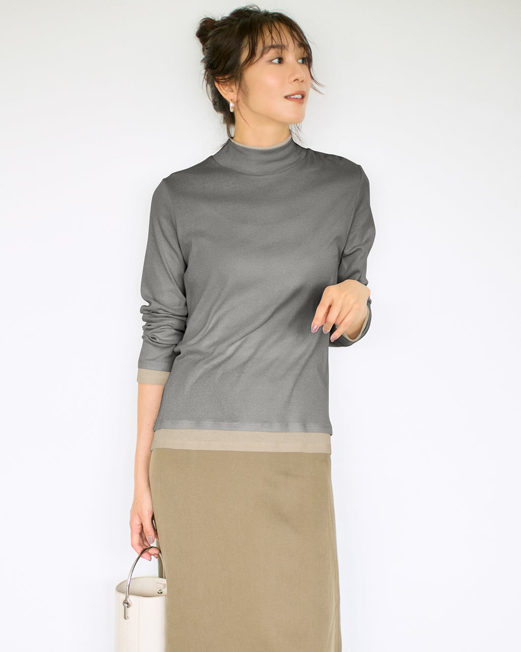 コットンガーゼ・配色ハイネック／長袖/40代50代からのレディース