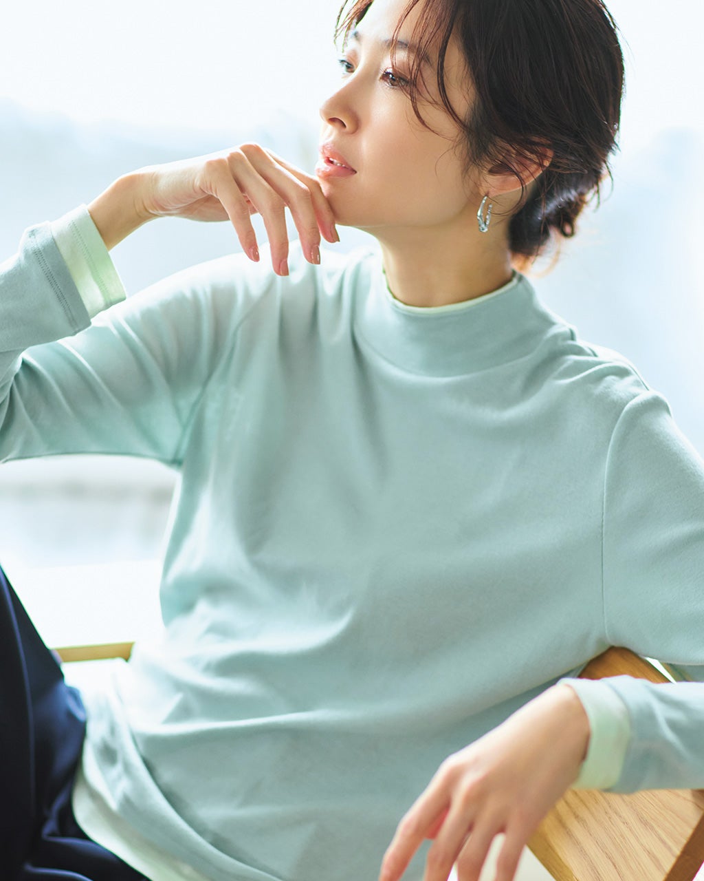 コットンガーゼ・配色ハイネック／長袖/40代50代からのレディース