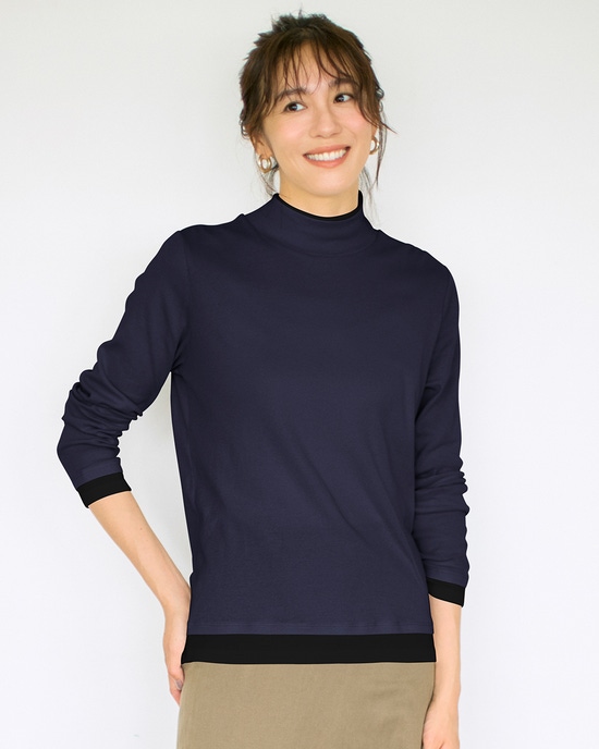 コットンガーゼ・配色ハイネック／長袖