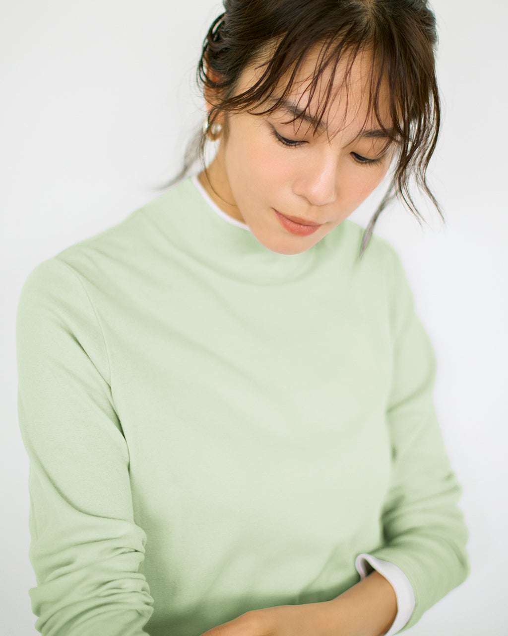 コットンガーゼ・配色ハイネック／長袖/40代50代からのレディース