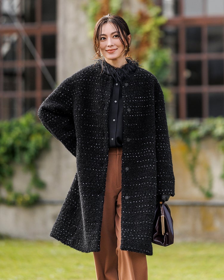 ミックスツイード・ノーカラーコート 詳細画像 ブラックパターン 2