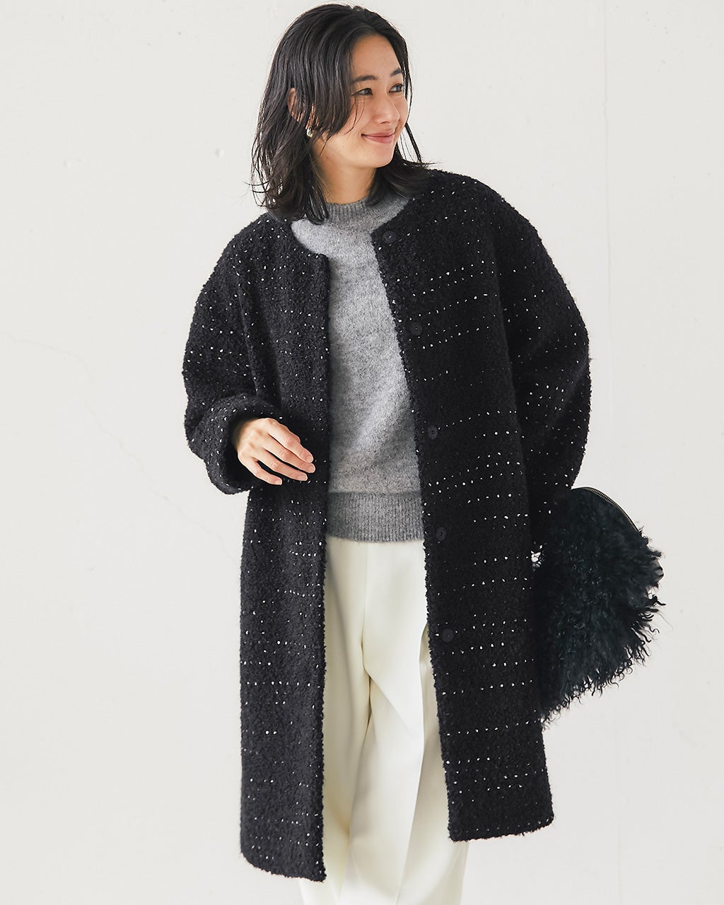 ミックスツイード・ノーカラーコート/40代50代からのレディース