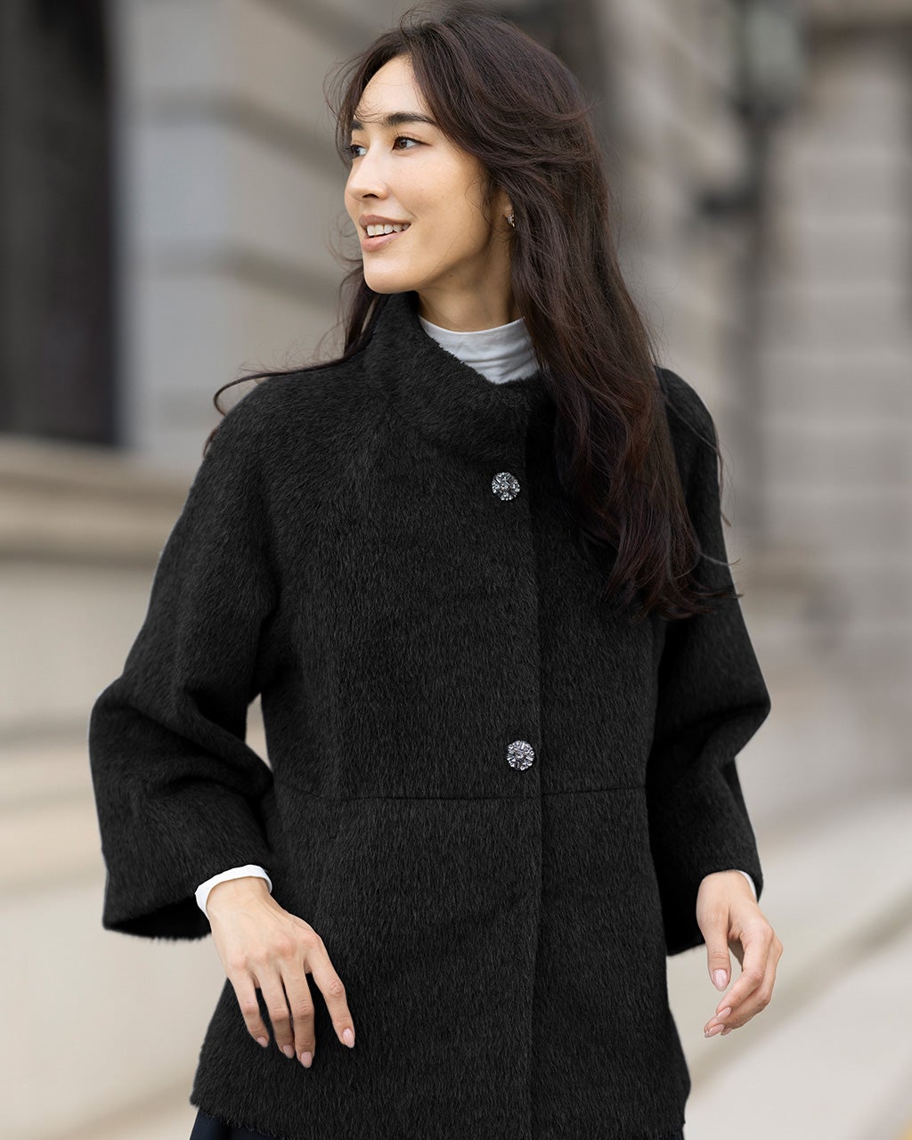 アルパカシャギー・スタンドショートコート/40代50代からのレディース