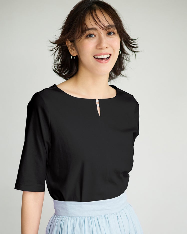パールキーネック・5分袖／スーピマ・ドゥクラッセTシャツ 詳細画像 ブラック 1