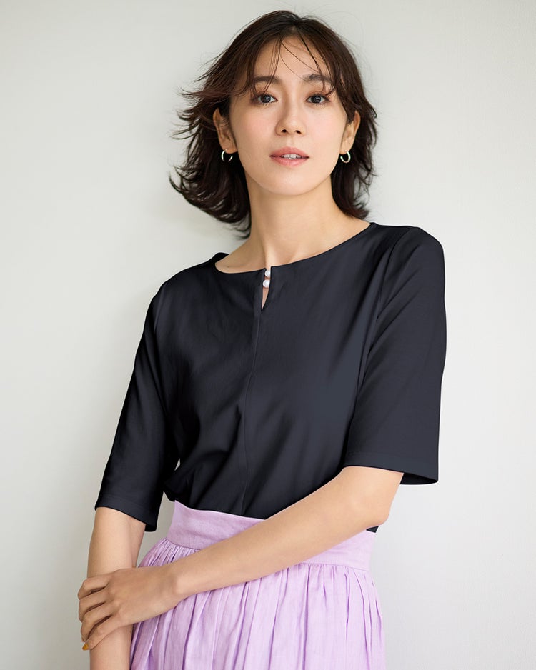 パールキーネック・5分袖／スーピマ・ドゥクラッセTシャツ 詳細画像 ミッドナイトブルー 1