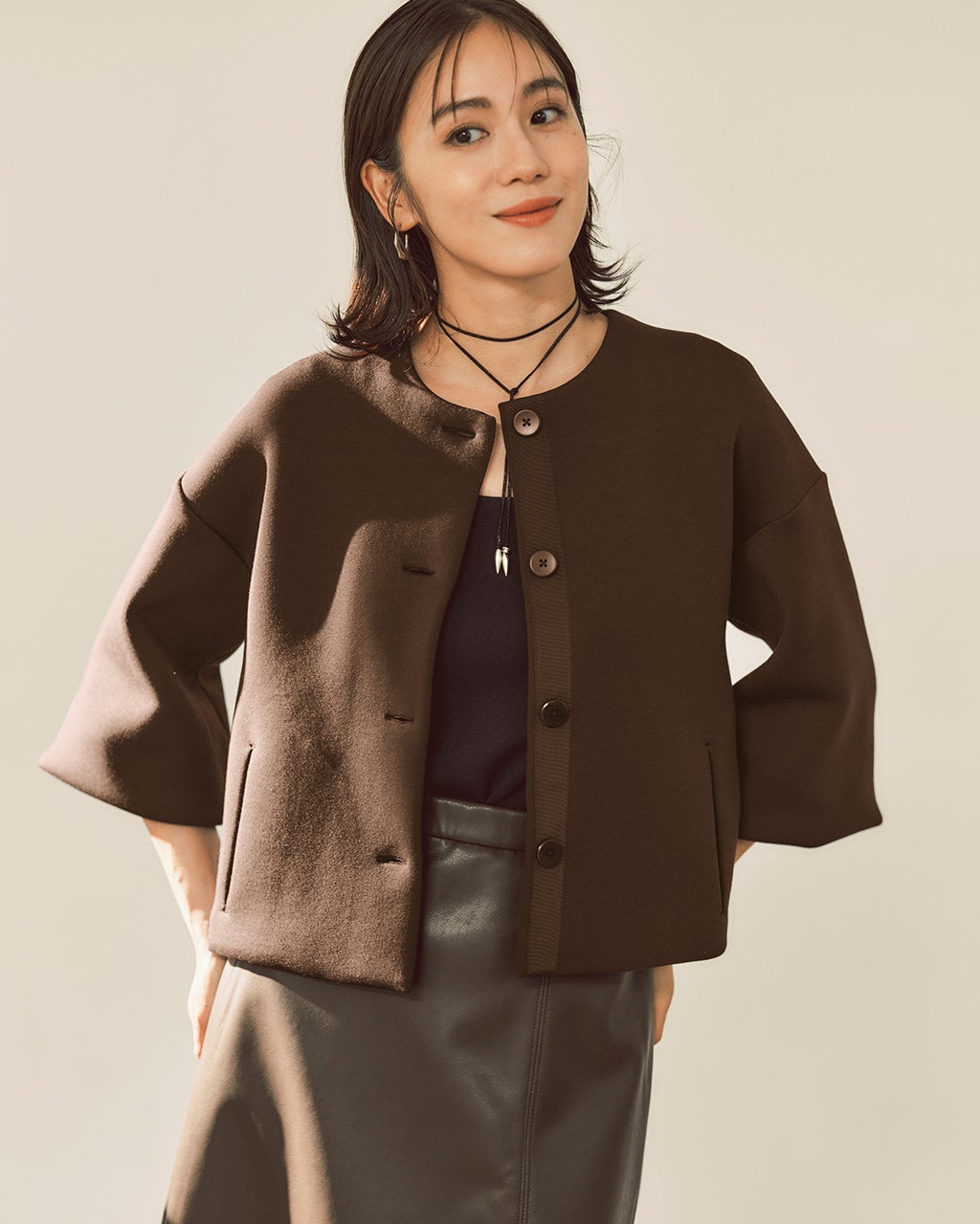 レディース ジャケット・羽織り・ジレ（ノーカラー）（ブラウン）一覧
