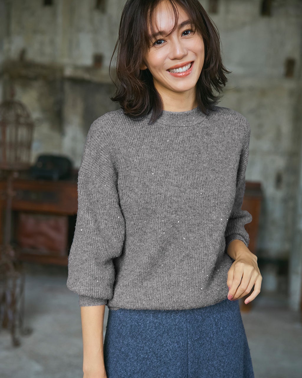 ラメ糸スパンコールニット・片畦クルーネック/40代50代からの