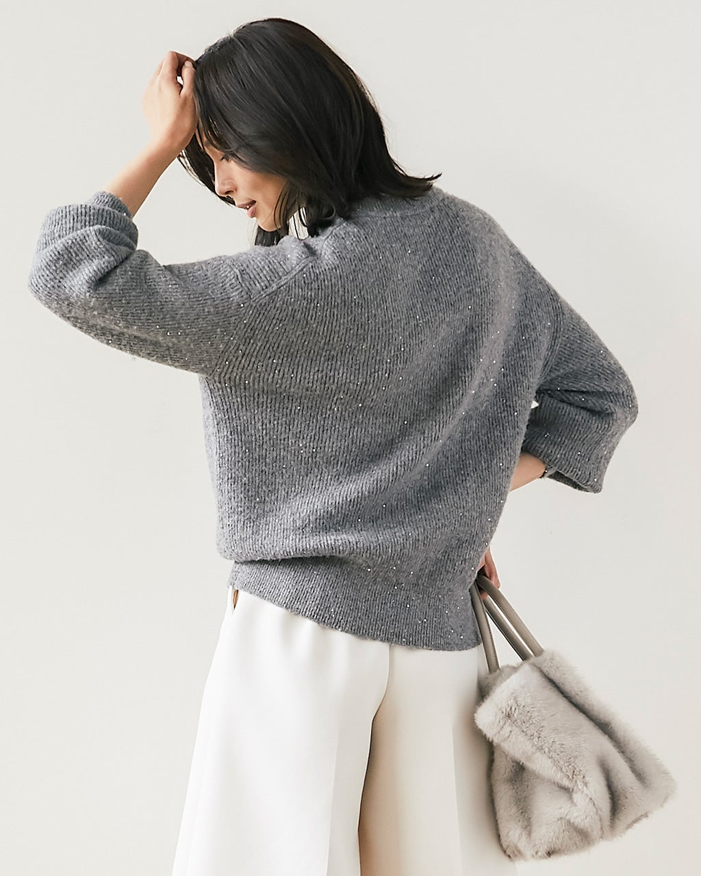 ラメ糸スパンコールニット・片畦クルーネック/40代50代からの