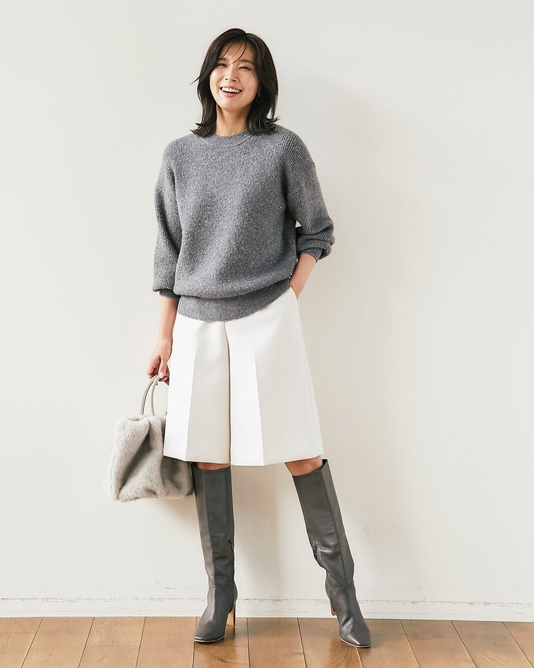 ラメ糸スパンコールニット・片畦クルーネック 詳細画像 グレー 4