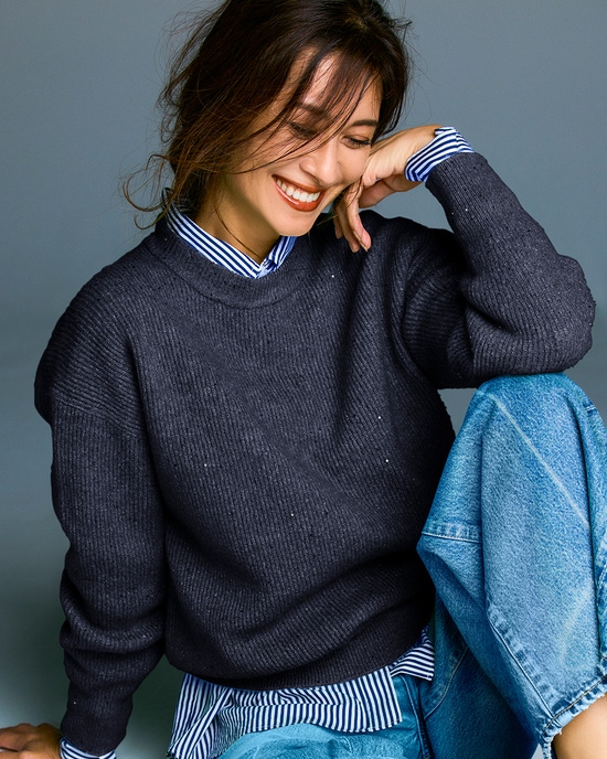 ラメ糸スパンコールニット・片畦クルーネック