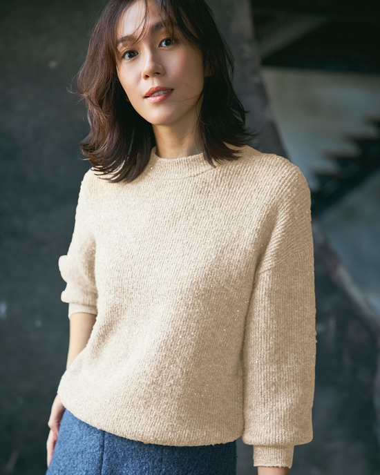 ラメ糸スパンコールニット・片畦クルーネック