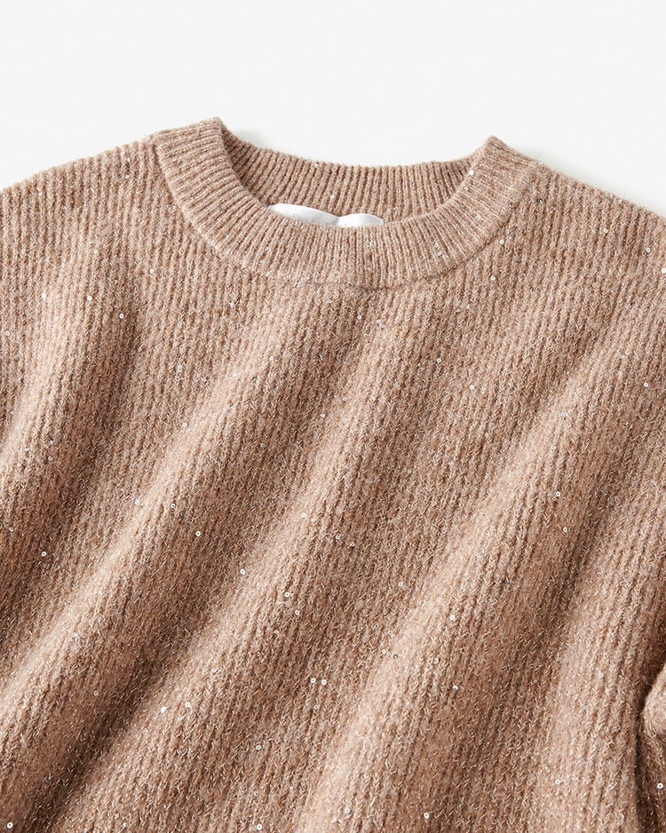 ラメ糸スパンコールニット・片畦クルーネック 詳細画像 ゴールドxベージュ 2