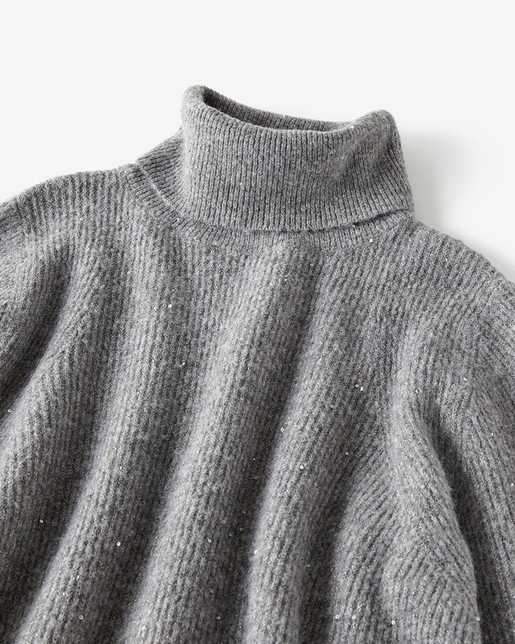 ラメ糸スパンコールニット・片畦タートルネック 詳細画像 グレー 2