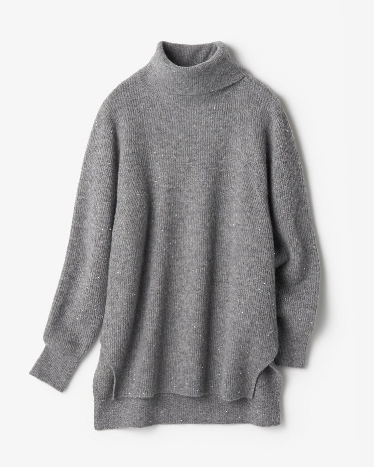 ラメ糸スパンコールニット・片畦タートルネック 詳細画像 グレー 5