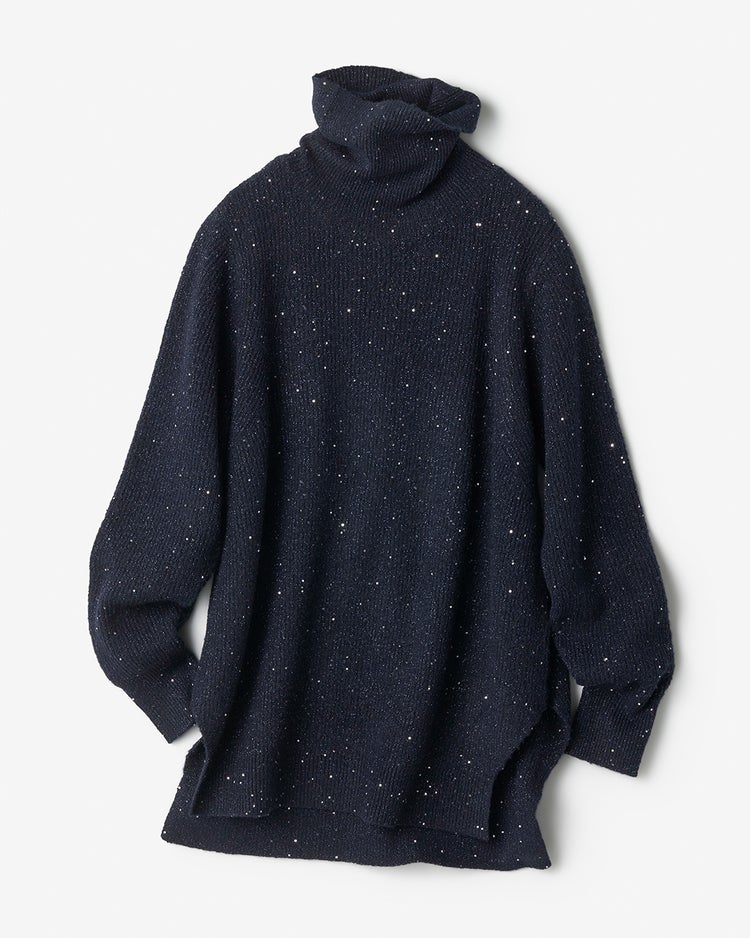 ラメ糸スパンコールニット・片畦タートルネック 詳細画像 ミッドナイトブルー 3