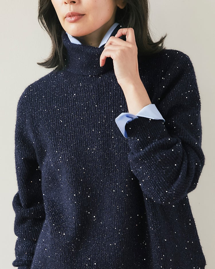 ラメ糸スパンコールニット・片畦タートルネック 詳細画像 ミッドナイトブルー 4