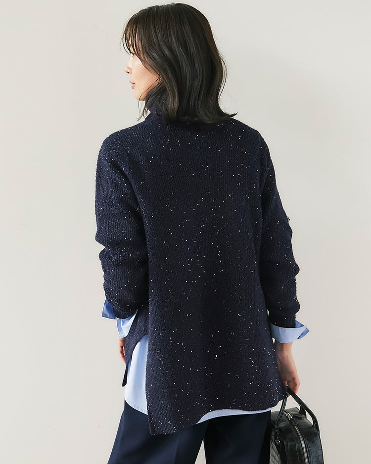 ラメ糸スパンコールニット・片畦タートルネック 詳細画像 ミッドナイトブルー 5