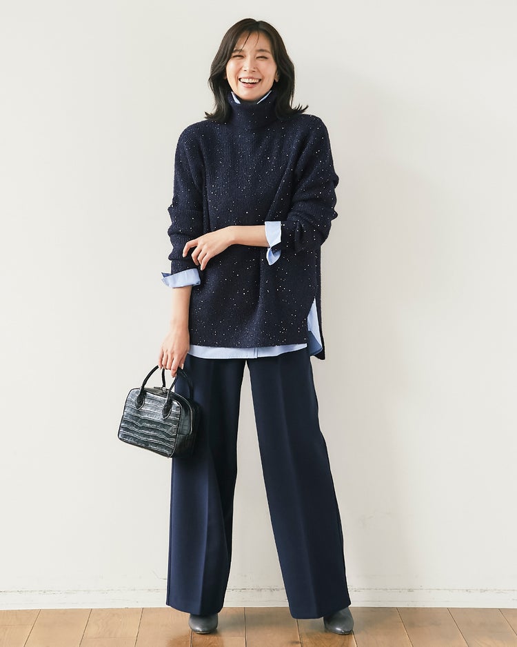 ラメ糸スパンコールニット・片畦タートルネック 詳細画像 ミッドナイトブルー 6