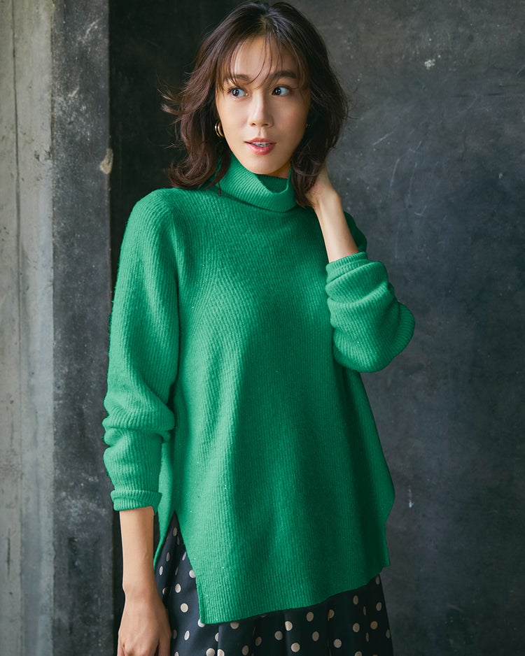 ラメ糸スパンコールニット・片畦タートルネック 詳細画像 グリーン 1