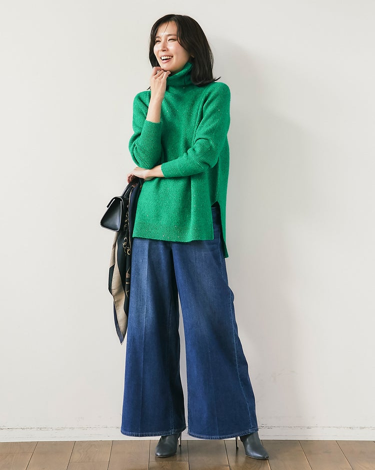 ラメ糸スパンコールニット・片畦タートルネック 詳細画像 グリーン 4