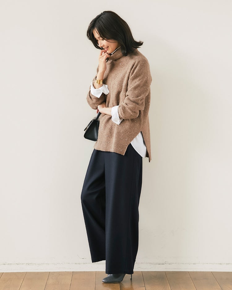 ラメ糸スパンコールニット・片畦タートルネック 詳細画像 ゴールドｘベージュ 4