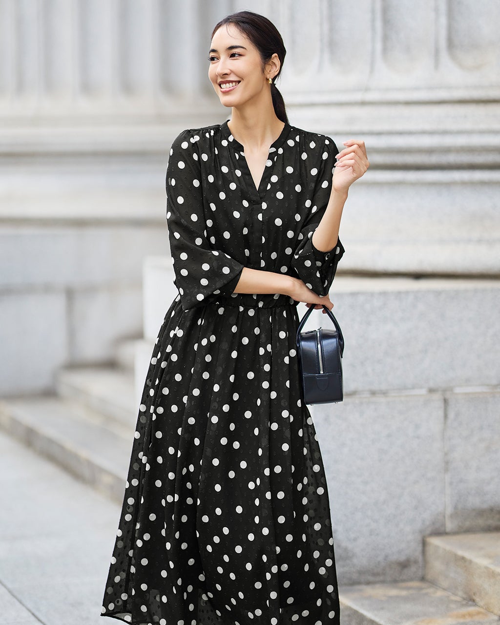 ドットジャカード・ギャザーワンピース/40代50代からの