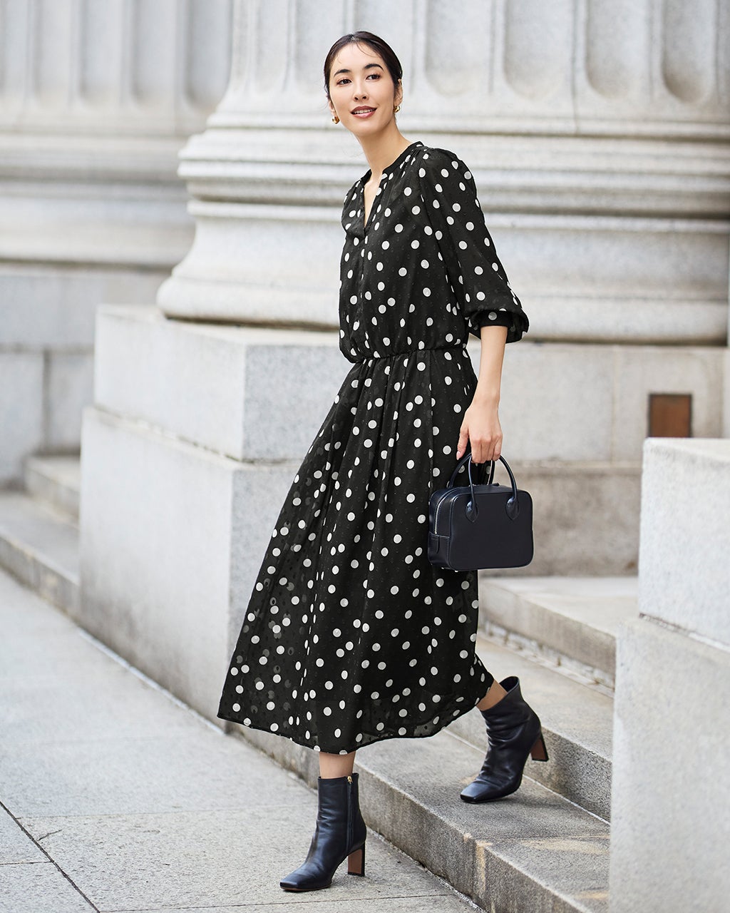 ドットジャカード・ギャザーワンピース/40代50代からのレディース