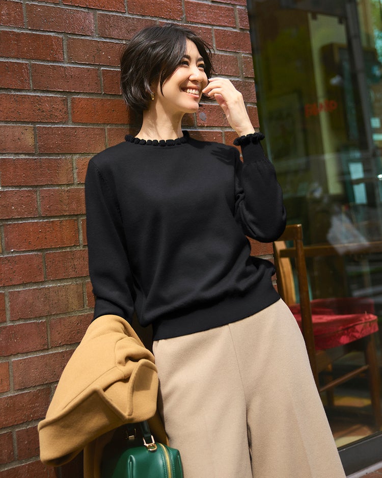 ウール混ニット・プチフリルセーター 詳細画像 ブラック 1