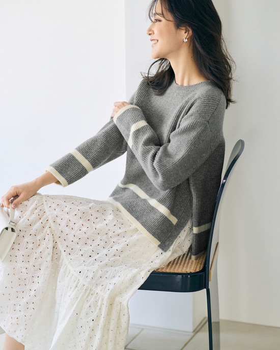 片畦編み・裾ボタンライン使いセーター