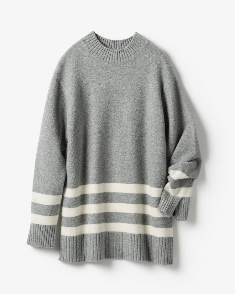 ストレッチウール・ボーダーロングニット 詳細画像 グレー 3