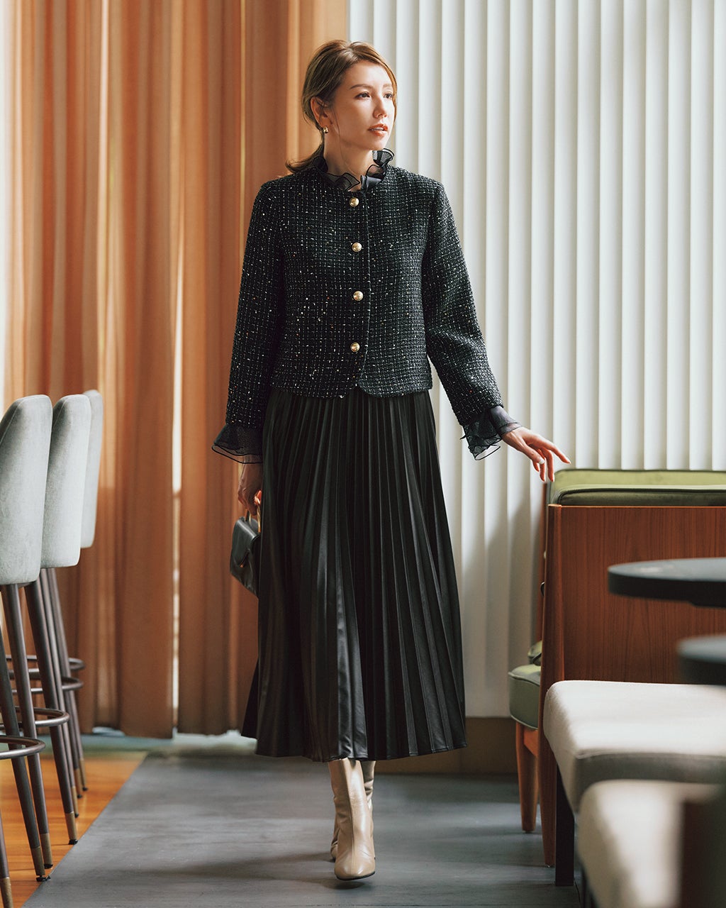 sacai レディースウール・レザーコンビジャケット ツイーディジャカード・異素材コンビジャケット/DoCLASSE