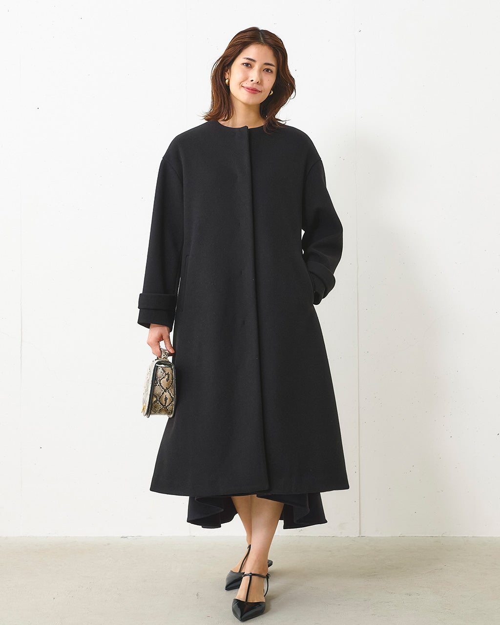 FLENDEEK 黒 ウールコート サイズ00 新品 ELENDEEK（エレンディーク） ノーカラーコート コート フォルム