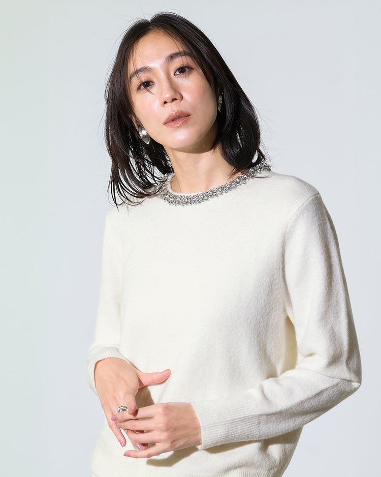 ウール混・ネックビジューセーター 詳細画像 オフホワイト 2