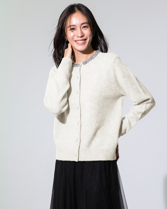 ウール混・ネックビジューカーディガン