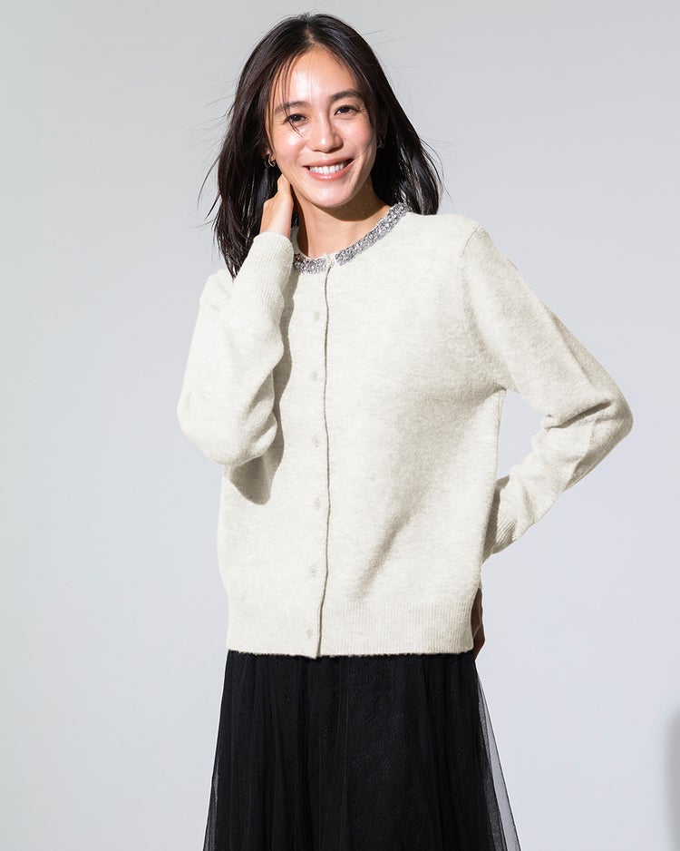 ウール混・ネックビジューカーディガン 詳細画像 オフホワイト 1