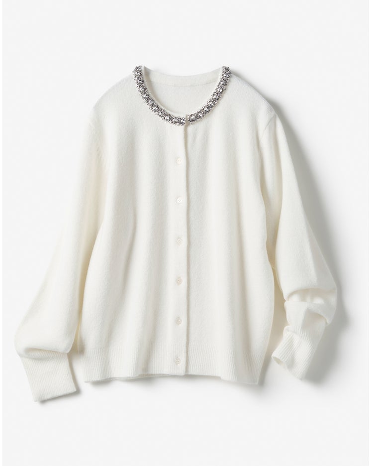 ウール混・ネックビジューカーディガン 詳細画像 オフホワイト 6