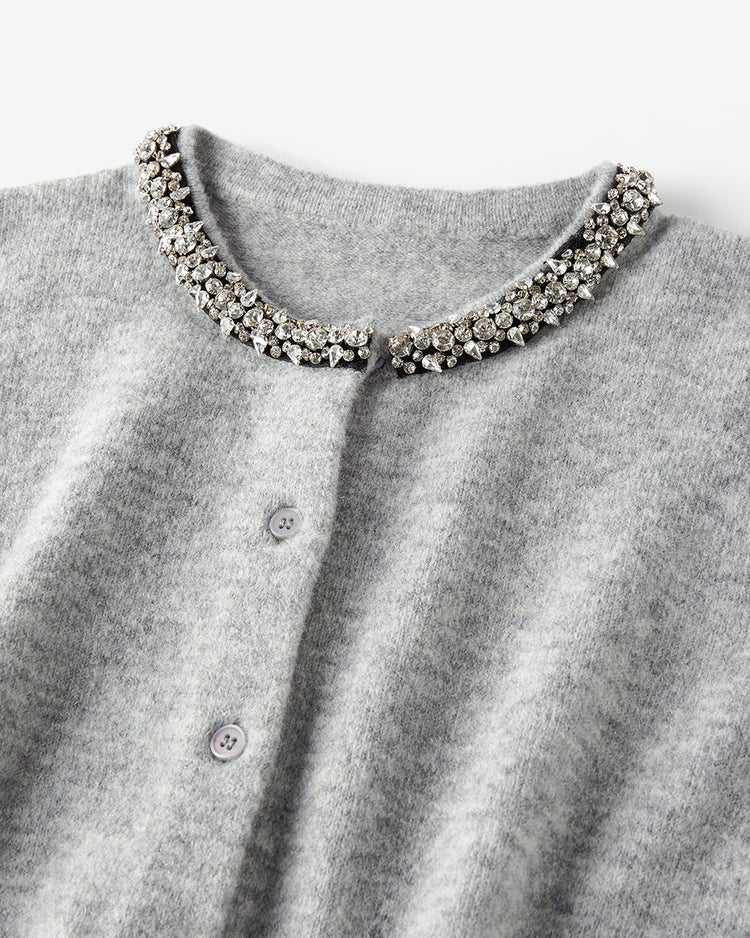 ウール混・ネックビジューカーディガン 詳細画像 ライトグレー 2